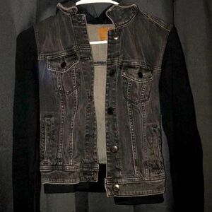 Black denim jacket with cotton sleeves and hood